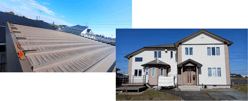 屋根の劣化した部位のクローズアップと、戸建て住宅の外観を組み合わせた写真